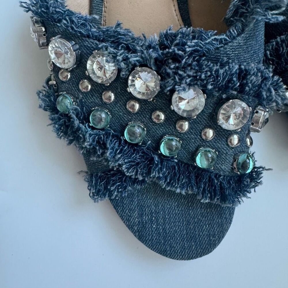 Vince Camuto Fringe Jewel Denim Open Toe Low Heel Comfort Sandal Size 6.5 Blue - Picture 2 of 12
